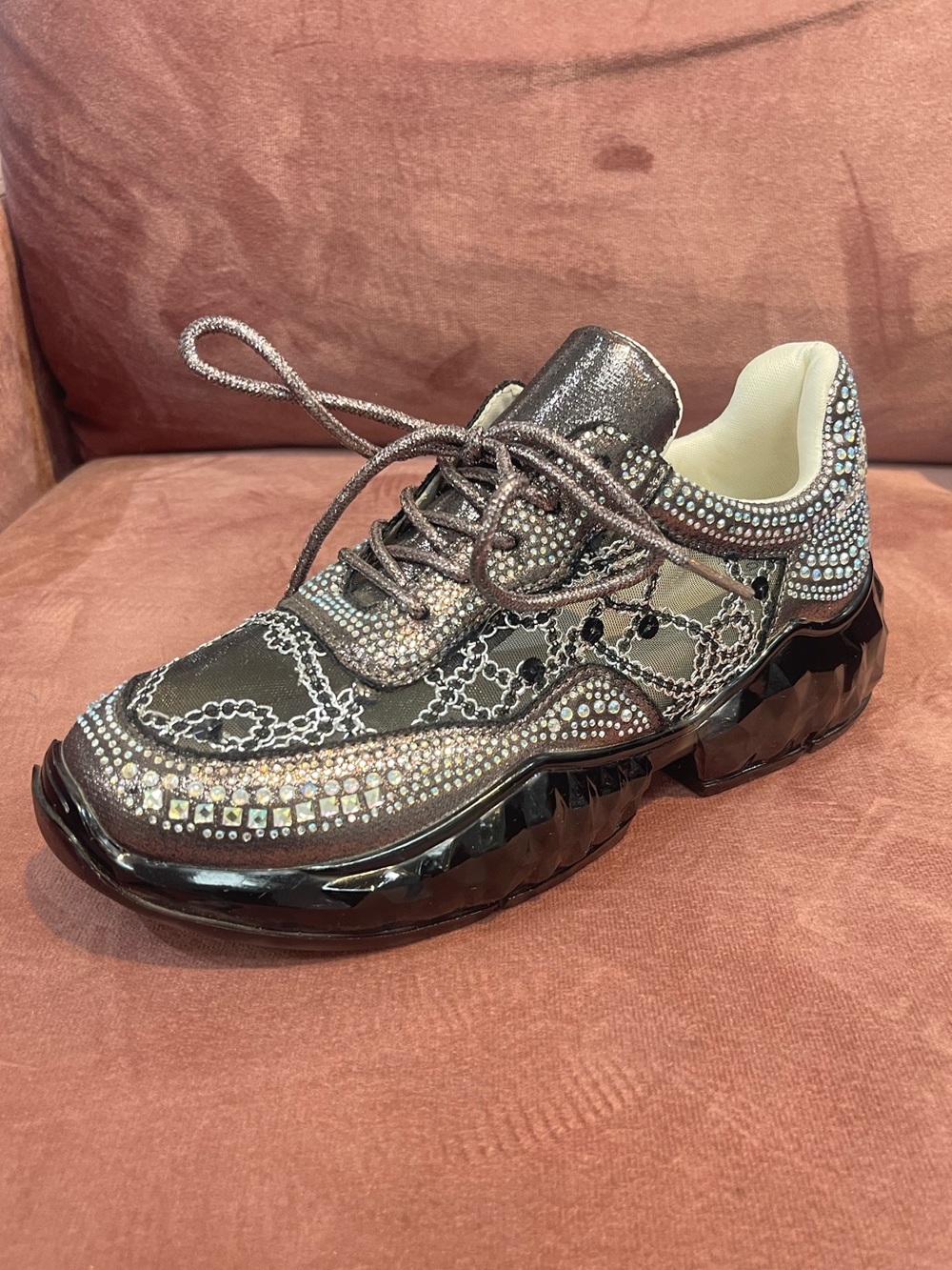 Women's Crystal-Embellished Metallic Gray Fashion Sneaker - Picture 7 of 7